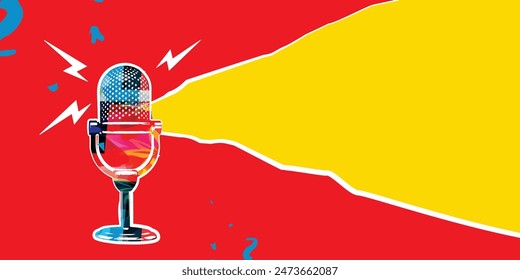 Retro microphone on red and yellow background. Podcasting and creativity in music concept