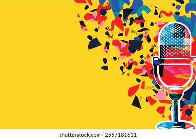 Retro microphone on red and yellow background. Podcasting and creativity in music concept