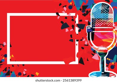 Retro microphone on red and yellow background. Podcasting and creativity in music concept