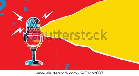 Retro microphone on red and yellow background. Podcasting and creativity in music concept