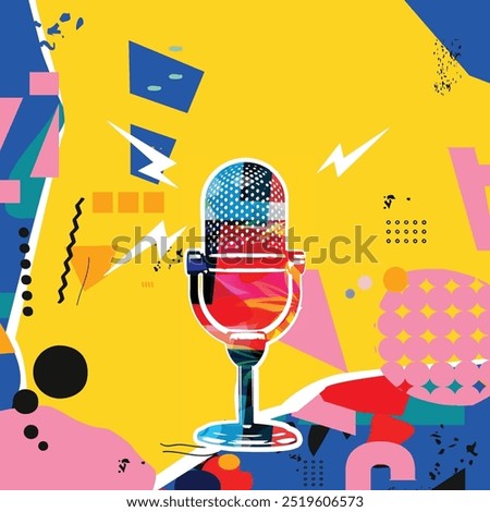 Retro microphone on red and yellow background. Podcasting and creativity in music concept	