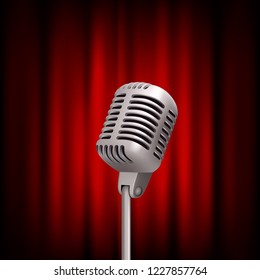 Retro microphone on stage. Professional stand up theatre red curtain broadcast mic vector vintage concept