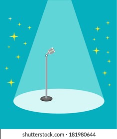 Retro Microphone On Stage And On Spotlight. EPS10 Editable Clip Art.