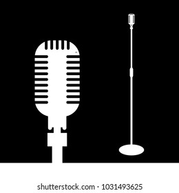 Retro microphone on stand close-up and overall plan. Flat design