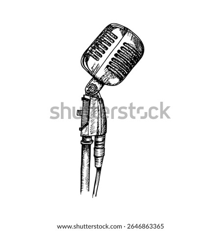 A retro microphone on a stand. Hand drawn outline sketch illustration of a mic. Vector clipart drawing in engraving style, concert, podcast, presentation concept