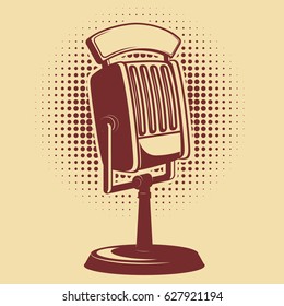 retro microphone on vintage background. Design element for poster, emblem, badge. Vector illustration