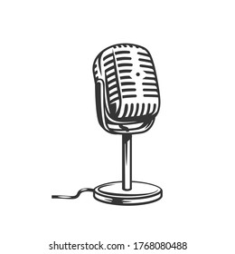 Retro microphone outline icon. Monochrome mic vector illustration.