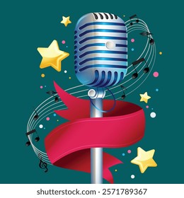 Retro microphone with red ribbon and music notes