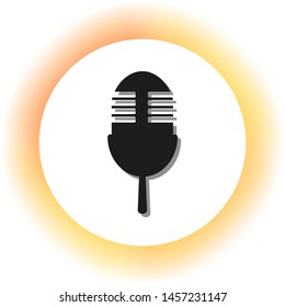 Retro microphone sign. Dark icon with shadow on the glowing circle button. Illustration.
