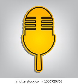 Retro microphone sign. Flat orange icon with overlapping linear black icon with gray shadow at whitish background. Illustration.