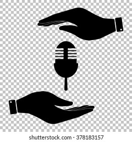 Retro microphone sign. Save or protect symbol by hands.