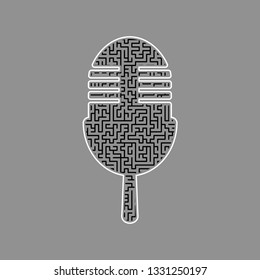 Retro microphone sign. Vector. Black maze filled icon with white border at gray background.