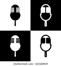Retro microphone sign. Vector. Black and white icons and line icon on chess board.