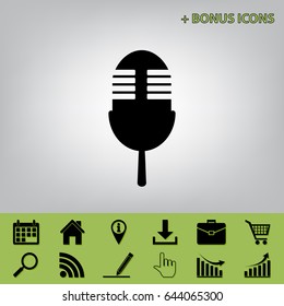 Retro microphone sign. Vector. Black icon at gray background with bonus icons at celery ones