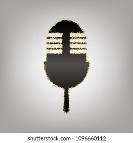 Retro microphone sign. Vector. Blackish icon with golden stars at grayish background.