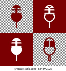 Retro microphone sign. Vector. Bordo and white icons and line icons on chess board with transparent background.