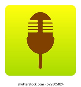 Retro microphone sign. Vector. Brown icon at green-yellow gradient square with rounded corners on white background. Isolated.