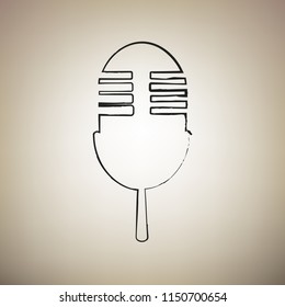 Retro microphone sign. Vector. Brush drawed black icon at light brown background.