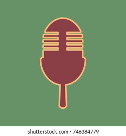 Retro microphone sign. Vector. Cordovan icon and mellow apricot halo with light khaki filled space at russian green background.