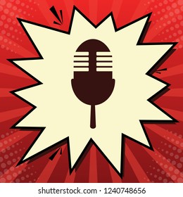 Retro microphone sign. Vector. Dark red icon in lemon chiffon shutter bubble at red popart background with rays.