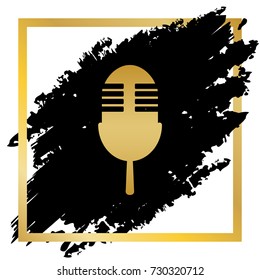 Retro microphone sign. Vector. Golden icon at black spot inside golden frame on white background.