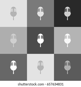 Retro microphone sign. Vector. Grayscale version of Popart-style icon.