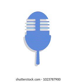 Retro microphone sign. Vector. Neon blue icon with cyclamen polka dots pattern with light gray shadow on white background. Isolated.