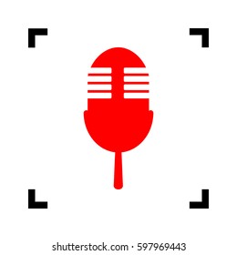 Retro microphone sign. Vector. Red icon inside black focus corners on white background. Isolated.