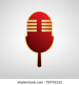 Retro microphone sign. Vector. Red icon on gold sticker at light gray background.