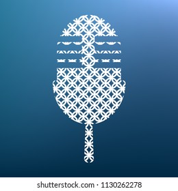 Retro microphone sign. Vector. White textured icon at lapis lazuli gradient background.