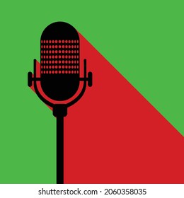 A retro microphone in silhouette with a red shadow and a green background