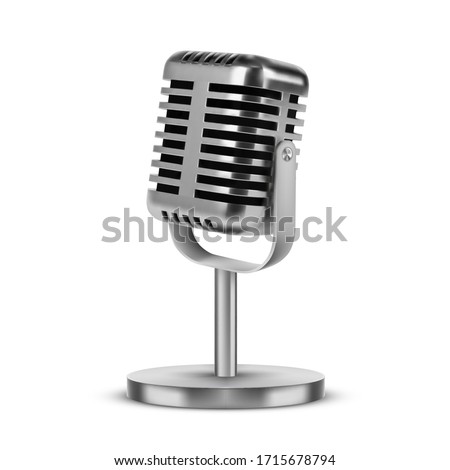 Retro microphone of silver metal vector realistic 3D mockup. Square shape microphone on short leg and stand, music award model template, karaoke, radio and recording studio sound equipment