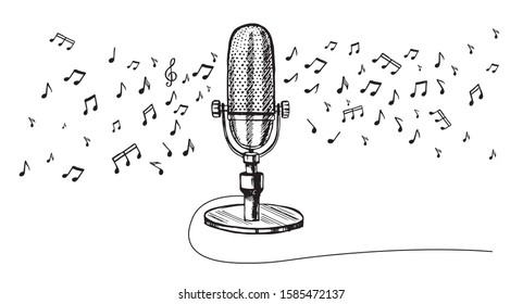 Retro microphone sketch. Hand drawn illustration. Vector. 
