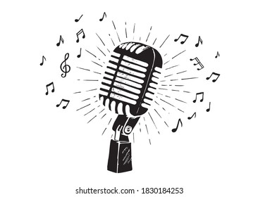 Retro microphone sketch. Hand drawn illustration. Vector.	