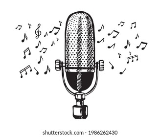 Retro microphone sketch. Hand drawn illustration. Vector.	