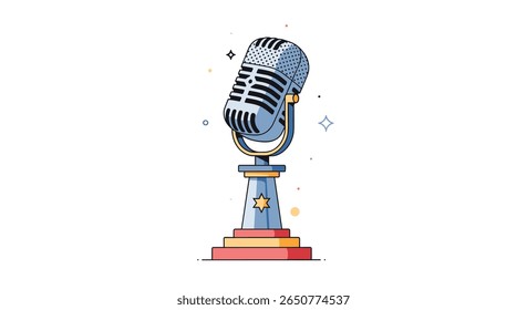 Microfone retrô com holofote e estrelas para podcast rádio show ou estúdio de gravação de evento musical