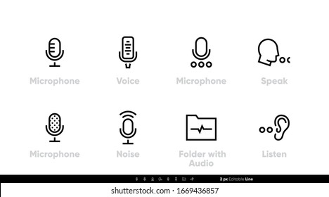 Retro Microphone for Studio icons. Abstract Voice, Noise, Folder with Audio, Speak and Listen set. Editable line vector set on white background