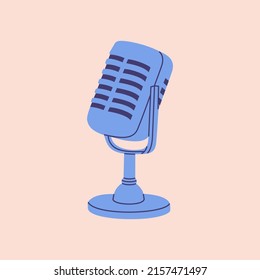 Retro microphone. Studio recording equipment. Hand drawn vector illustration isolated on light background. Flat cartoon style.