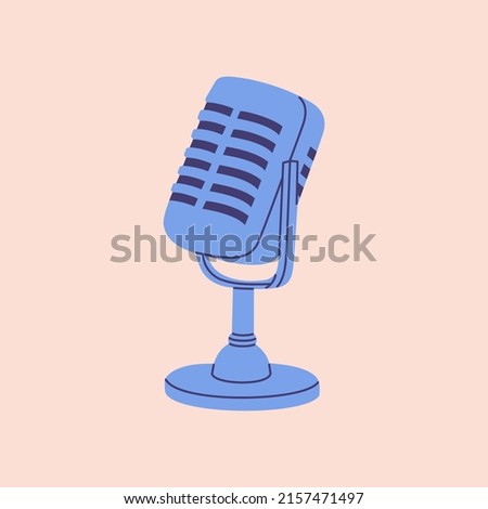 Retro microphone. Studio recording equipment. Hand drawn vector illustration isolated on light background. Flat cartoon style.