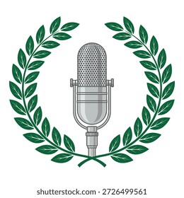 Retro microphone surrounded by green laurel leaves, award for voice, sound recording, and journalism
