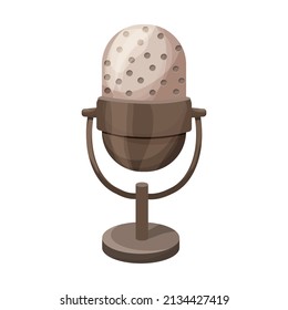 Retro microphone, table acoustic sound device, vintage mic in cartoon style isolated on white background. Podcast symbol.