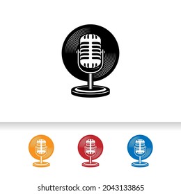 Retro microphone vector isolated on vinyl record. Design element for podcast or karaoke logo, label, emblem, sign