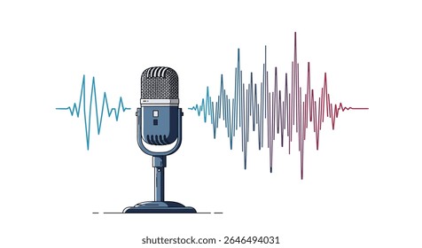 Retro microphone and voice waveforms vector design an artistic sound equipment illustration