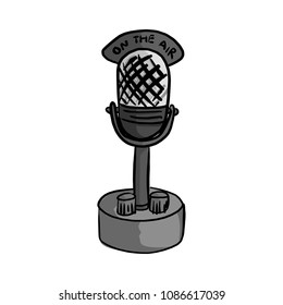 Retro microphone with the word on the air vector illustration sketch doodle hand drawn with black lines isolated on white background