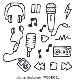 Retro microphone,cassette, headphone doodle. Cute music industry doodle illustration set