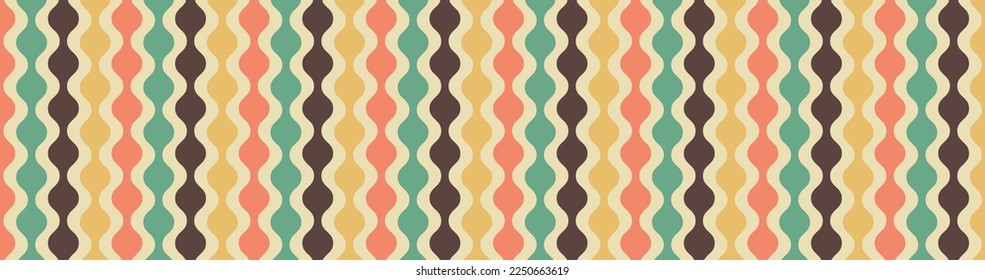 Retro mid century modern background pattern, abstract circle striped design, old vintage colors, mid-century hippie beads hanging, vintage 50s or 60s geometric vector art in blue green brown gold pink