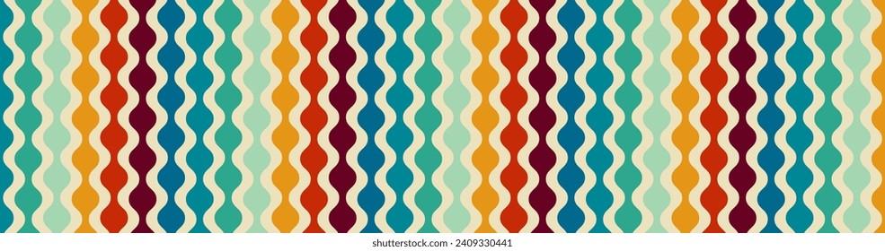 Retro mid century modern background pattern, abstract circle striped design, old vintage colors, mid-century hippie beads hanging, vintage 50s or 60s geometric vector art in blue green red and beige