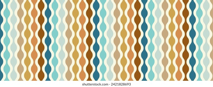 Retro mid century modern background pattern, abstract circle striped design, old vintage colors, mid-century hippie beads hanging, vintage 50s or 60s geometric vector art in blue orange gold and brown