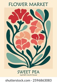 Retro mid century modern flower market poster featuring abstract sweet pea, the April birth month flower. Elegant botanical vector illustration with a vintage aesthetic for decor and prints.