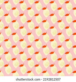 Retro Mid Century Modern Fruit Pattern With Lemons On Pastel Pink Background. Mod Style Vector Seamless Repeat Patten.